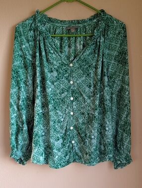 Style &Co Boho Green Flowy Button Up Long Sleeve Shirt Size M